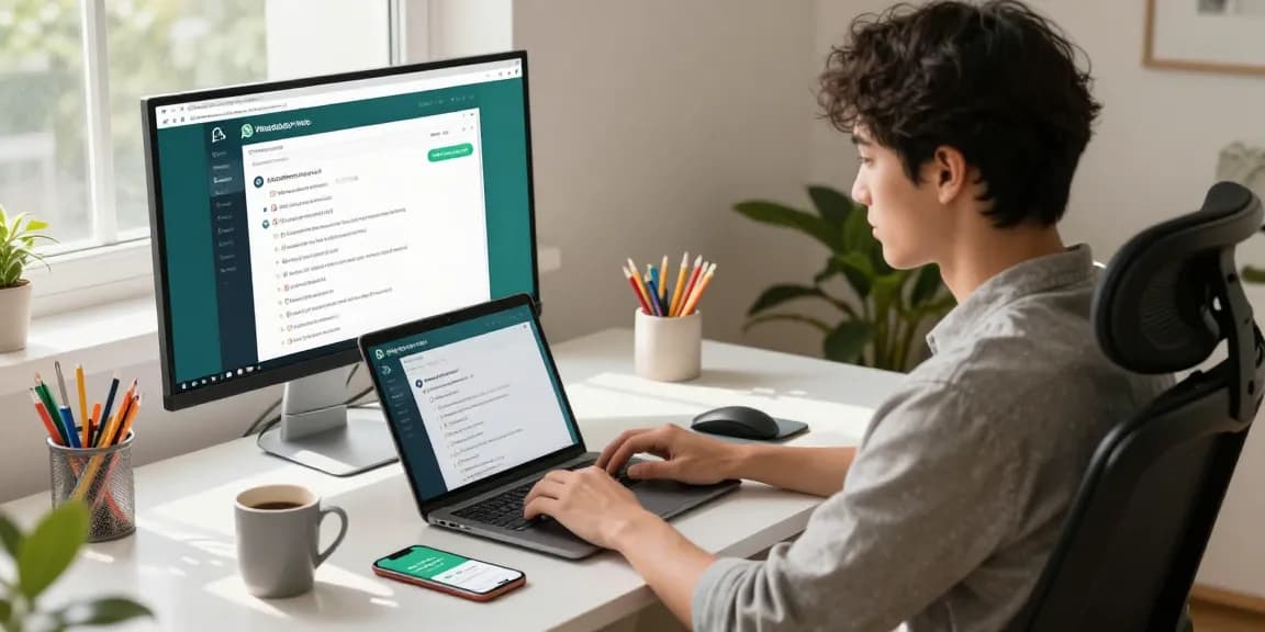 Professional using WhatsApp電腦版 on a laptop in a stylish home office setup.