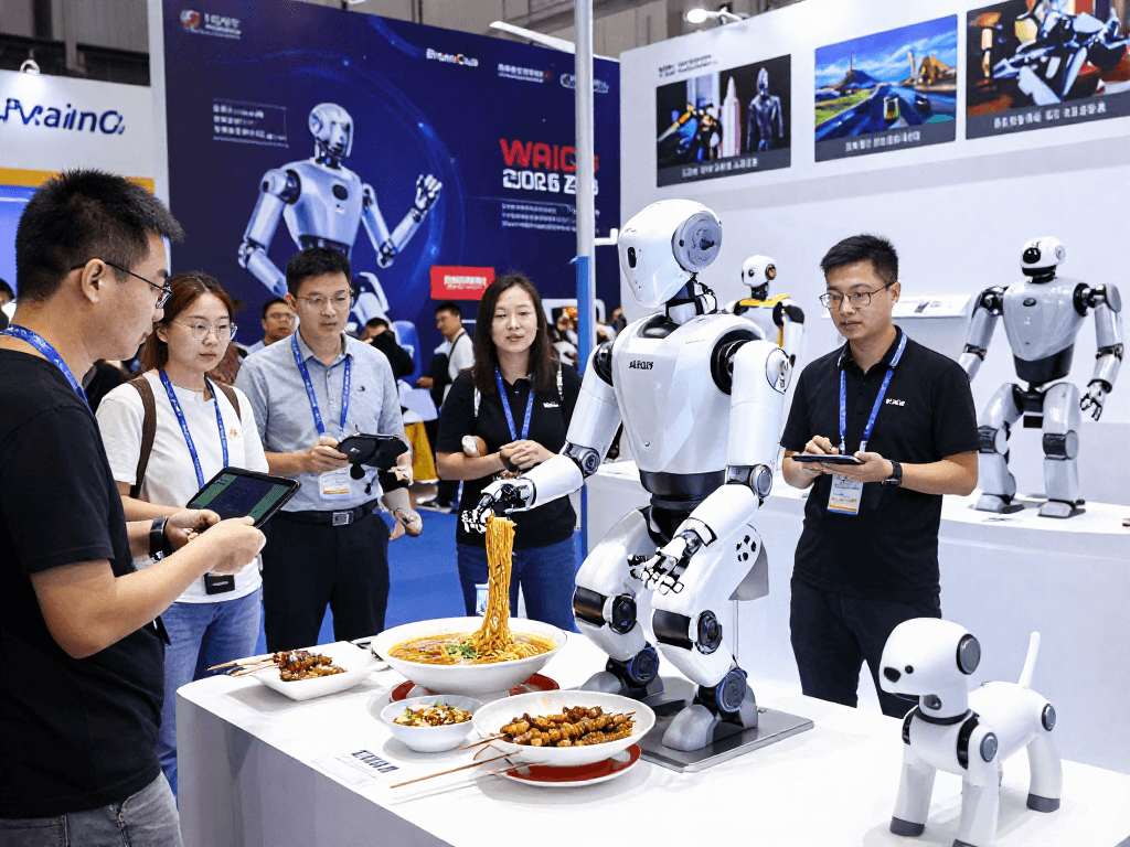 Robot24's humanoid robot cooking live at WAIC 2026, showcasing advanced AI technology and culinary skills.