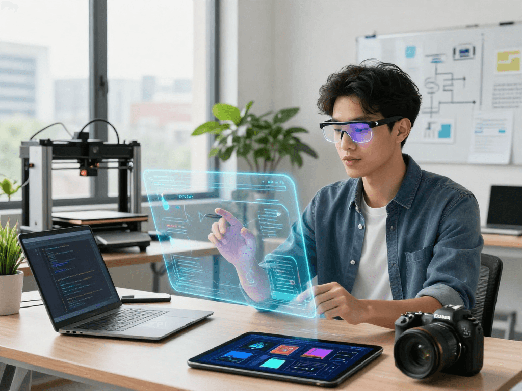 Motchill tech workspace featuring a professional using a holographic interface among modern gadgets, ideal for innovation.