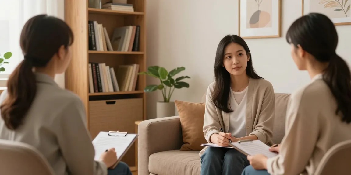 "Psychiatric assessment consultation at a health clinic, showcasing compassionate patient care in a professional environment."