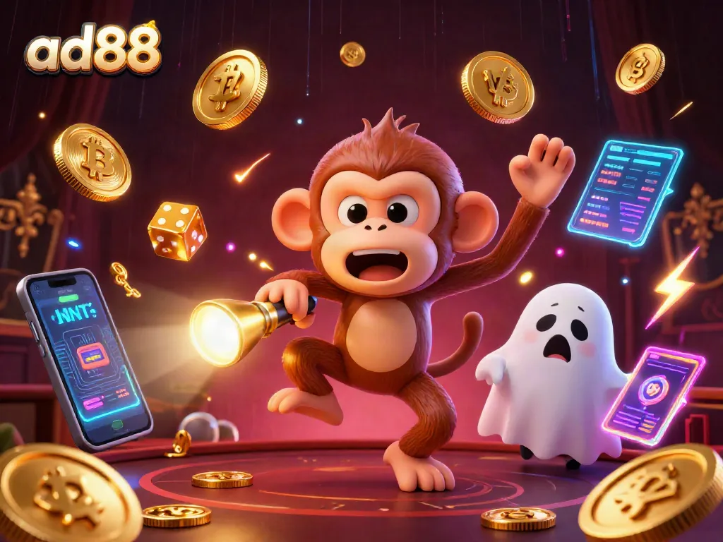 Experience the thrill of ad88 with a mischievous ghost monkey juggling coins in a vibrant casino.