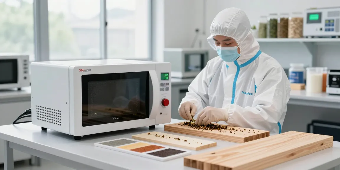 Shashel microwave technology eliminating wood-boring insects in a modern workshop.
