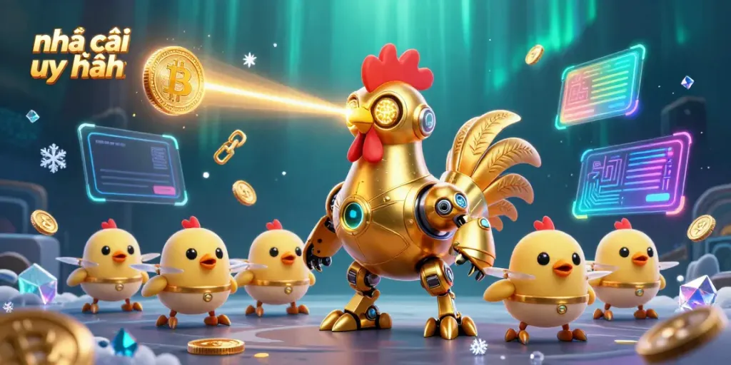 Engage with nhà cái uy tín in a vibrant 3D casino scene featuring a golden rooster robot and baby chick drones.