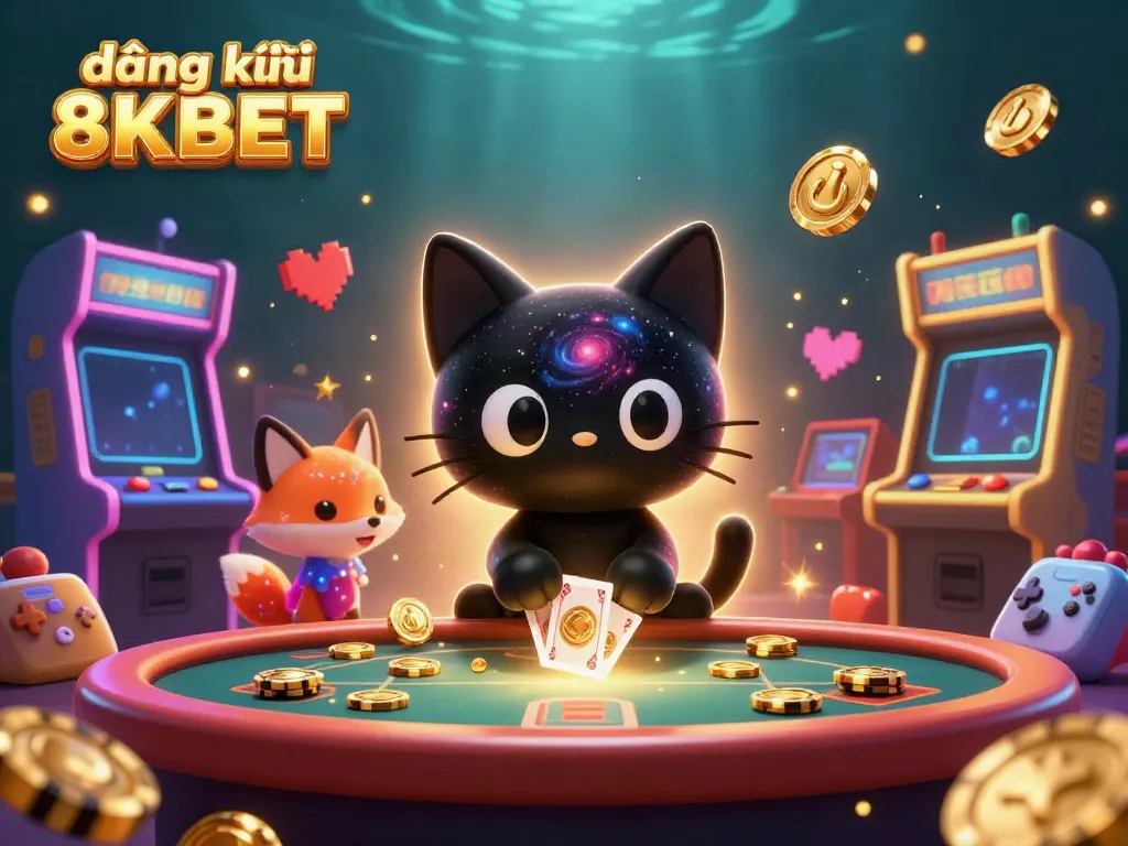 Engage in exciting gameplay by đăng ký 8KBET at a vibrant cosmic casino table, featuring colorful characters and elements.