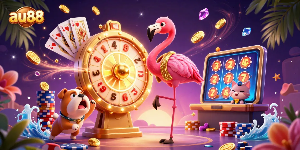 Experience the excitement at au88 with a dazzling prize wheel, eager contestants, and dynamic casino elements.