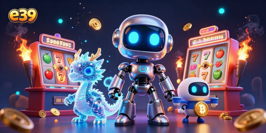 Engage with e 39's exciting casino world featuring vibrant robots and lively slot machines.