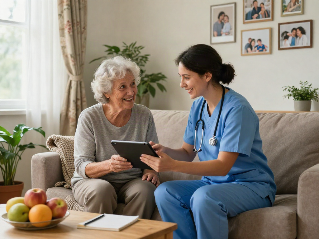 Caregiver providing assistance to a new member in a warm home setting, emphasizing bonus new member benefits.
