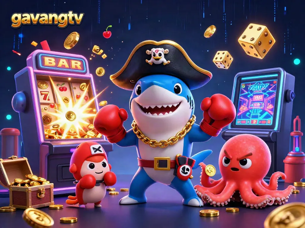 Engage with the dynamic casino atmosphere of gavangtv, featuring a pirate shark and friends amidst jackpot symbols.