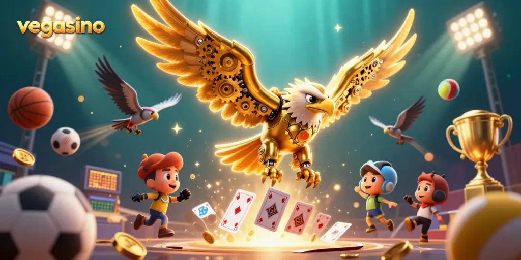 Engage with vegasino as a golden eagle dives through holographic cards amidst vibrant casino elements.