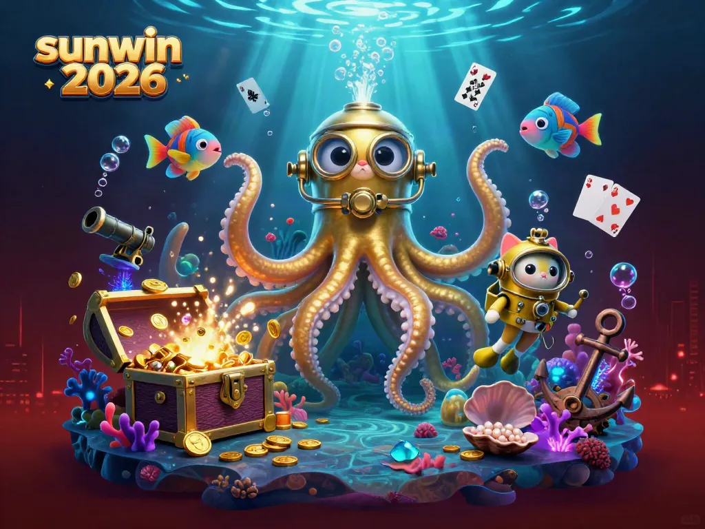 Experience sunwin 2026 with an epic underwater scene featuring a kraken, diving cat, and treasure bursts.