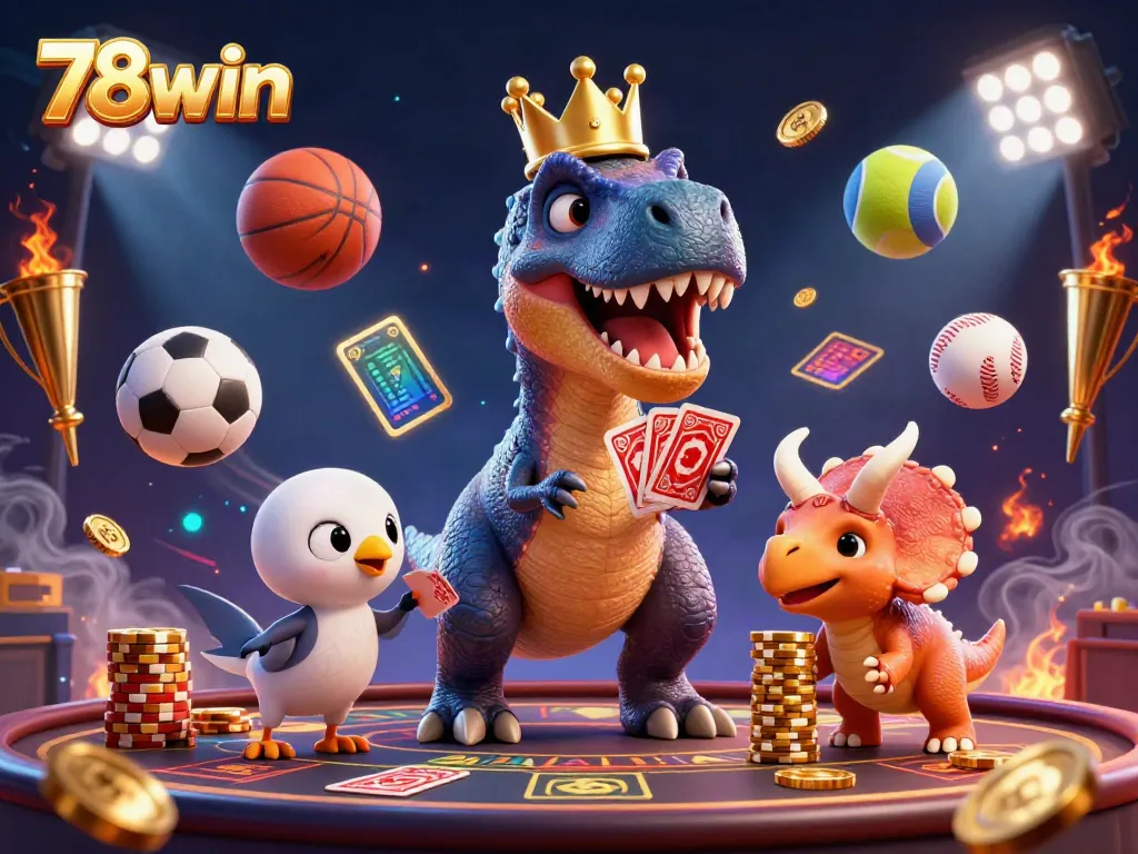 Experience thrilling moments with 78win as a dinosaur dealer shuffles cards and stacks winning chips.