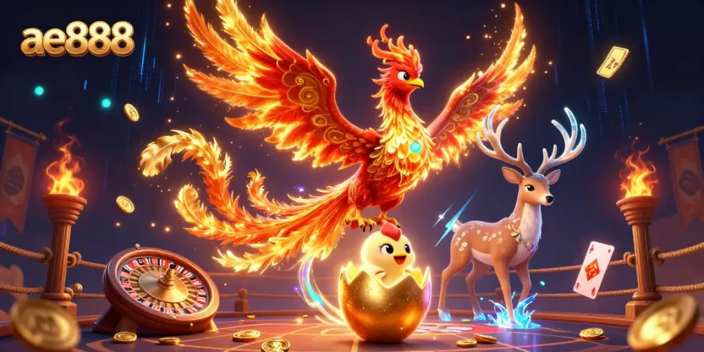 Bet big at ae888 with a 3D phoenix, baby chick, and mystical stag in a vibrant casino setting.