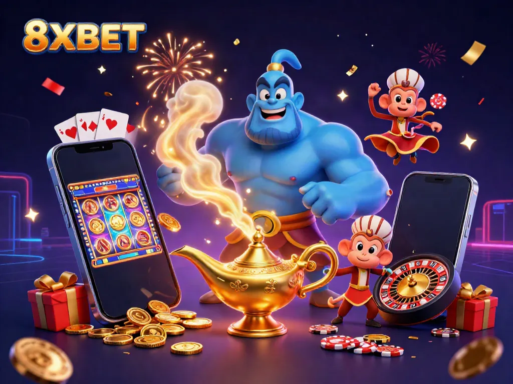 Experience thrilling wins at 8XBET with vibrant casino elements and magic seamlessly blending.