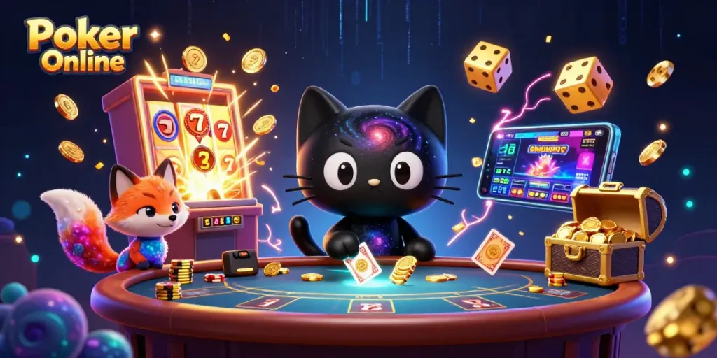 Engage in Poker Online with vibrant casino elements, featuring a cosmic scene of a black hole cat and nebula fox.