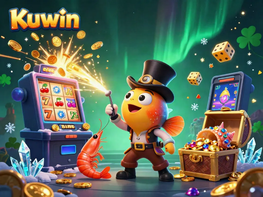 Kuwin casino characters attracting coins in a vibrant, engaging underwater scene filled with casino elements