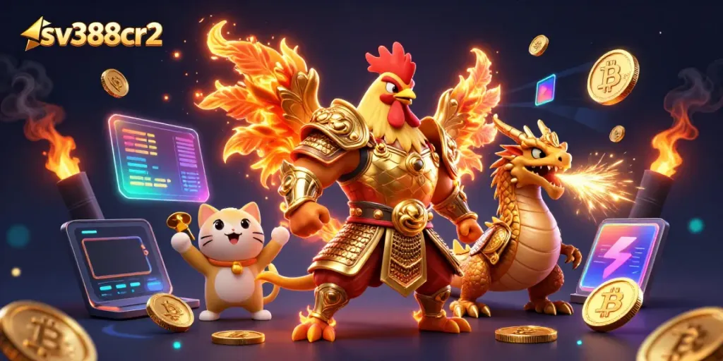 Bet on fierce duels with sv388cr2's 3D fighting rooster and dragon amidst glowing crypto elements.