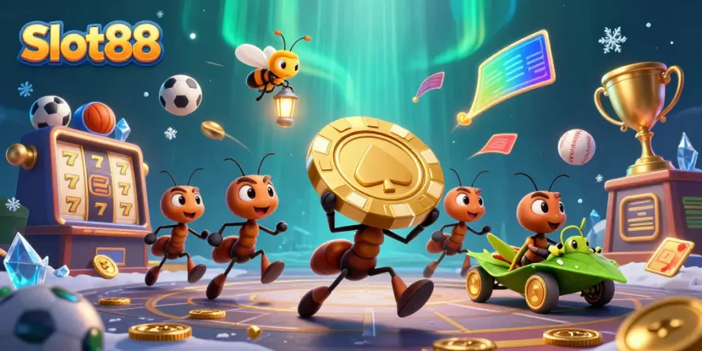 Experience thrilling action with Slot88 as cartoon ants carry a golden chip in a vibrant casino heist.