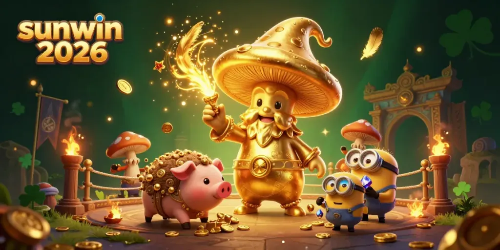 Engage with the vibrant world of sunwin 2026, showcasing a whimsical golden mushroom wizard and treasure-seeking companions, embodying the excitement of online gambling.