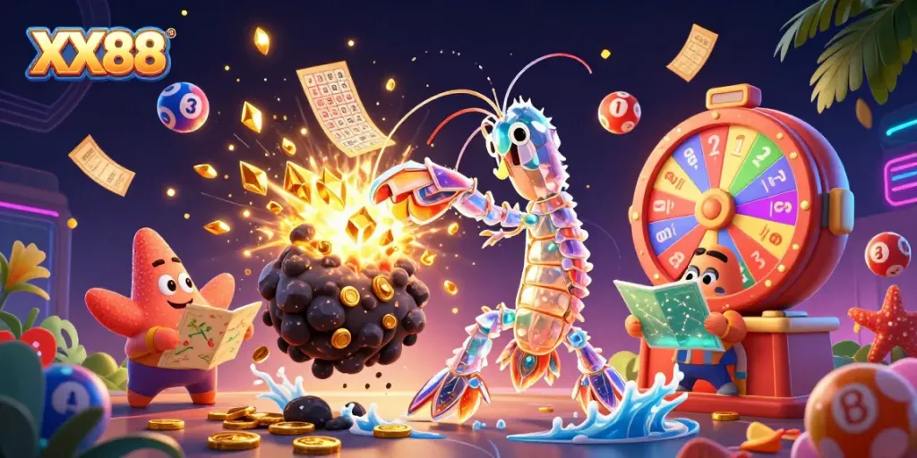 Experience thrilling gaming adventures with XX88 as a vibrant samurai shrimp navigates a galaxy of prizes.