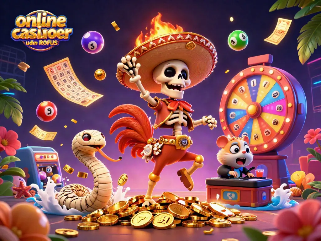 Engage with online casinoer uden ROFUS through a vibrant 3D illustration featuring unique characters and dynamic gambling elements.