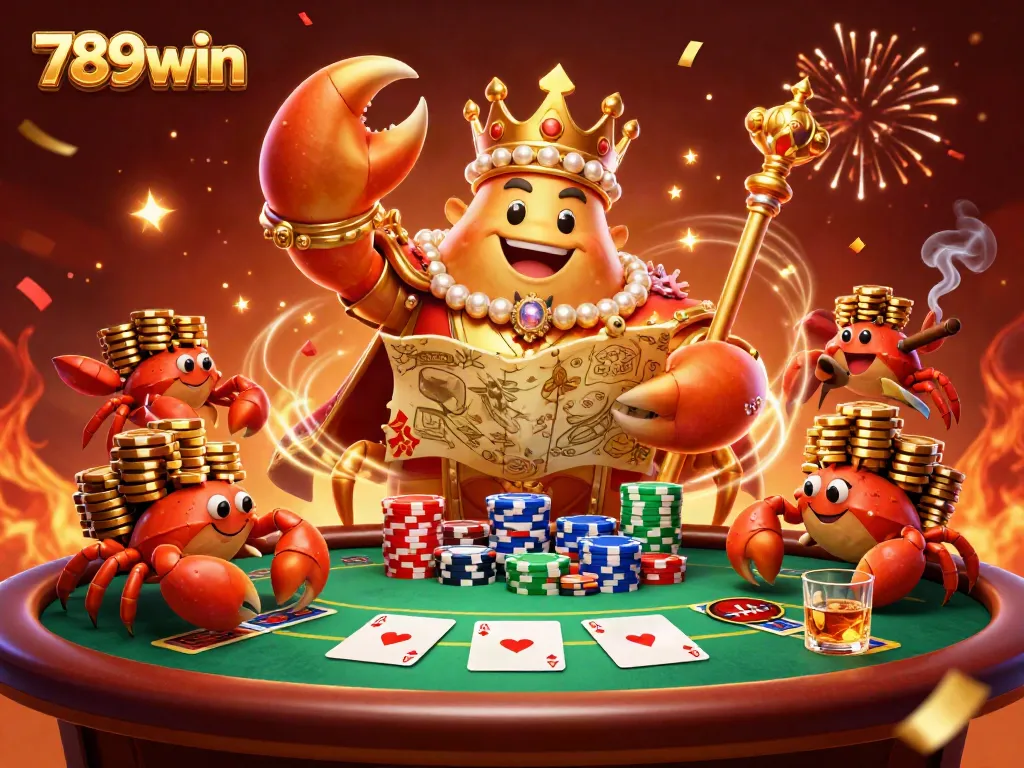 Experience thrilling gaming at 789win with a grand crab emperor, vibrant poker table, and high stakes.