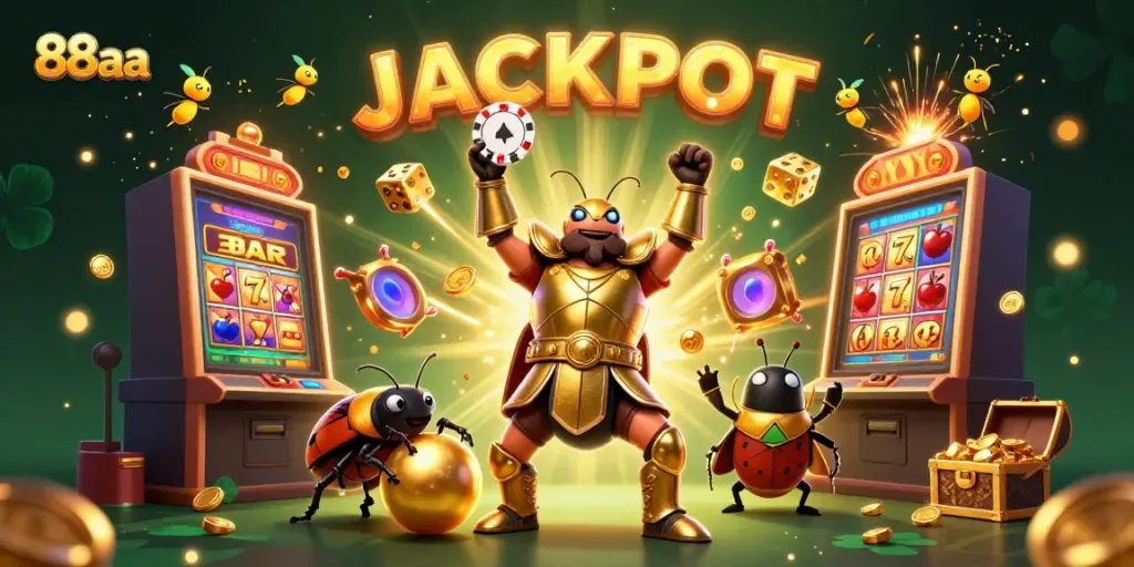 Experience the excitement of 88aa with a victorious hercules beetle lifting a poker chip, surrounded by casino elements.