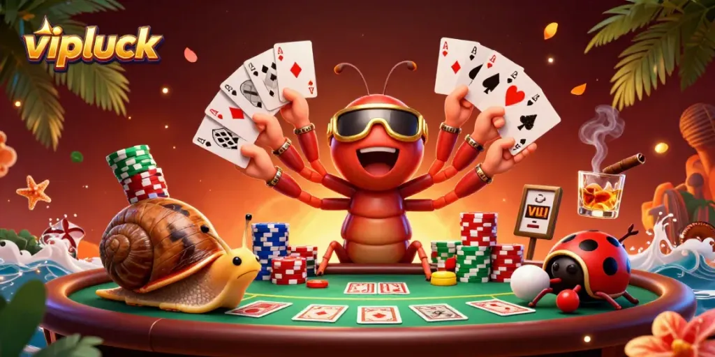 Join the excitement at vipluck with a casino dealer showcasing vibrant poker action and lively characters.