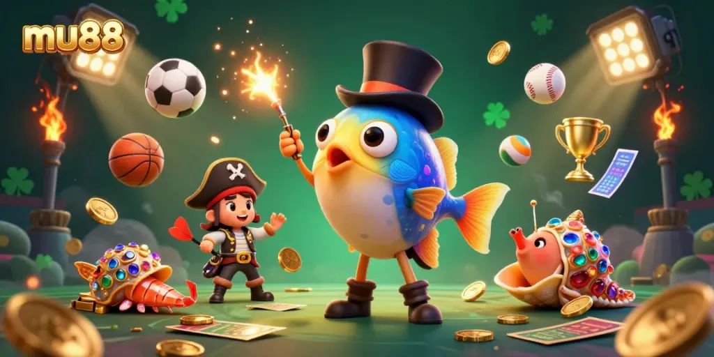 Engage in thrilling gameplay at mu88 with 3D characters amidst sports elements and glowing coins.