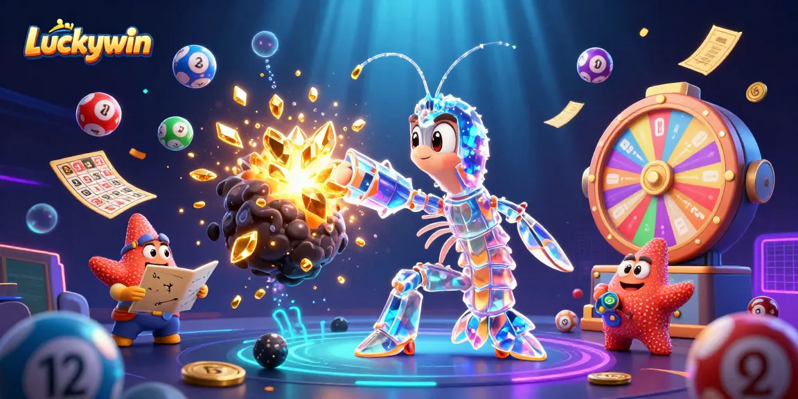 Engage with Luckywin's vibrant casino world, featuring dynamic lottery elements and colorful gems.
