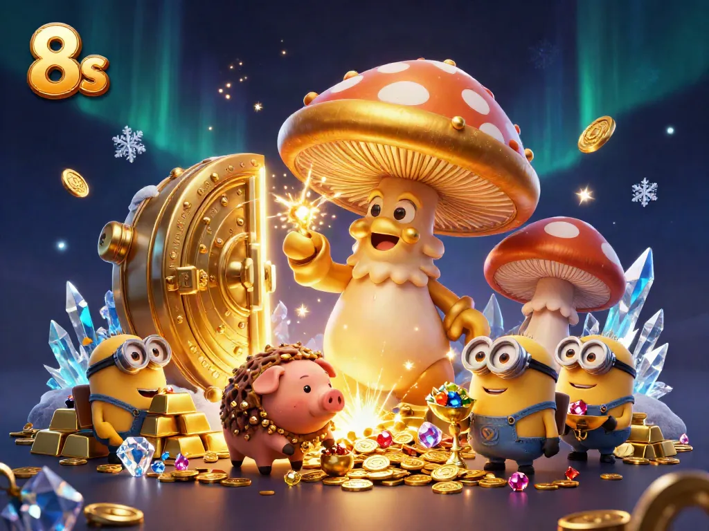 Experience magical wins with 8s as golden treasures burst forth in this immersive casino scene.