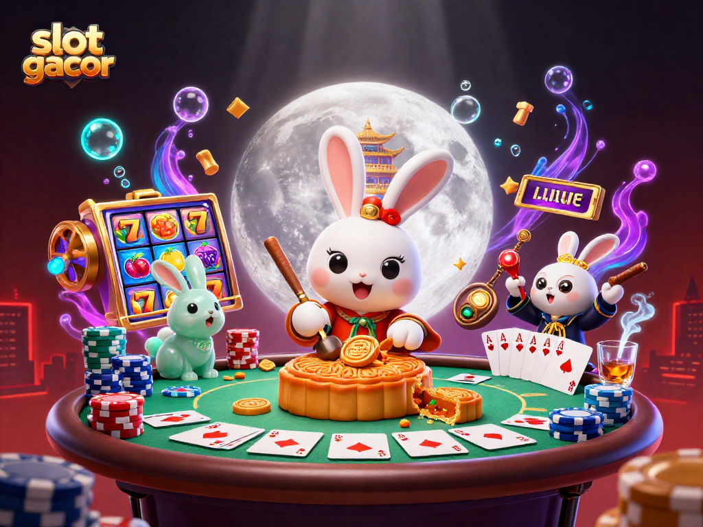 Engage with slot gacor as a moon rabbit breaks golden mooncakes to reveal poker chips in a rich casino scene.