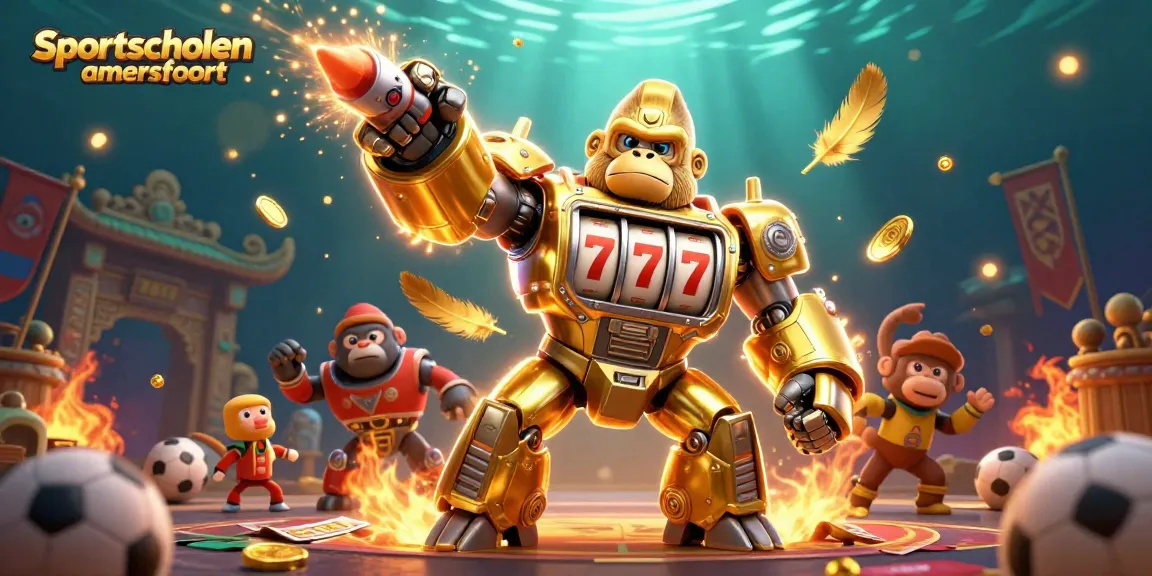 Experience Sportscholen amersfoort action with a golden gorilla mech and dynamic betting elements in a lively scene.
