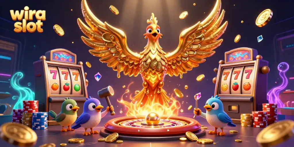 Gambarkan momen permainan wira slot dengan phoenix emas dan koin yang mengalir di udara.