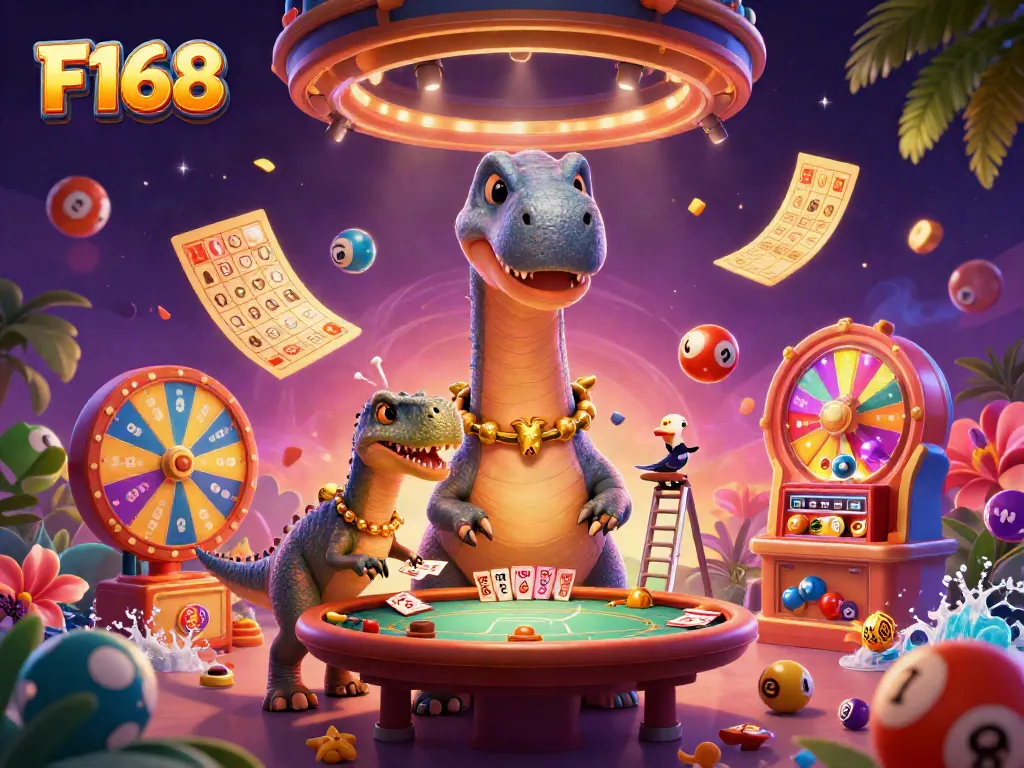 F168 features a playful 3D brontosaurus with a raptor dealer amidst vibrant casino elements.