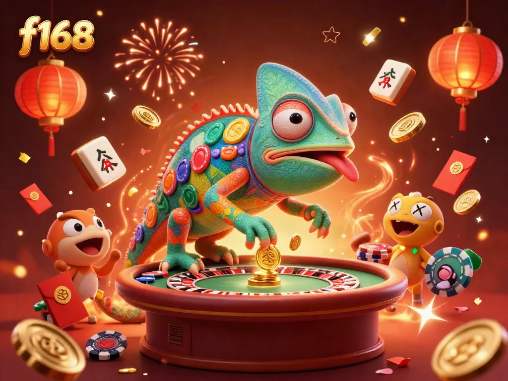 f168 chameleon casino owner surrounded by festive gambling elements, engaging in online gaming