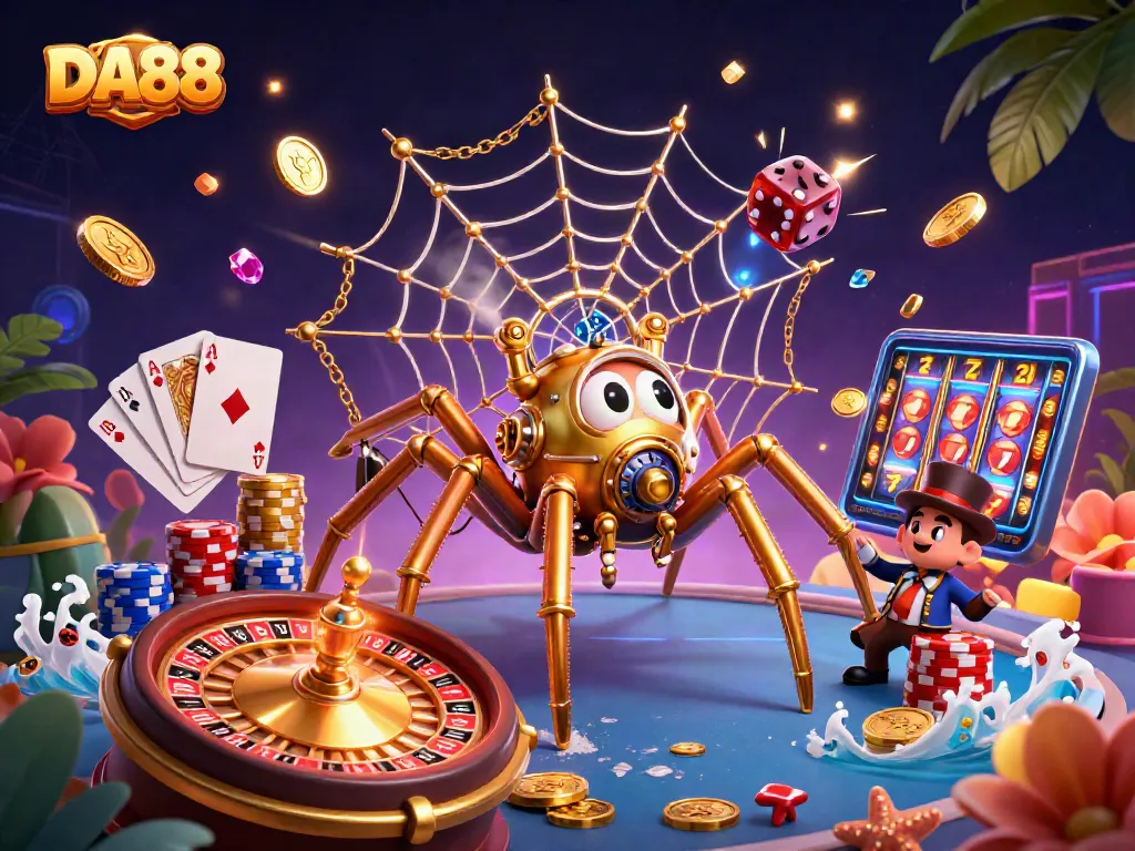 Experience thrilling wins with DA88 as a cartoon spider traps dice in its golden web surrounded by casino elements.
