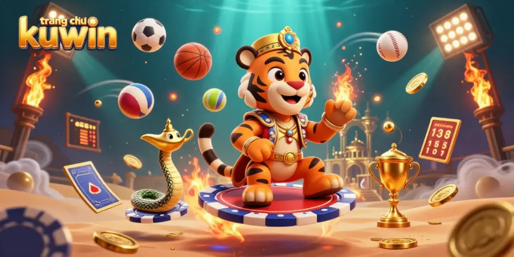 Engage in thrilling gameplay at trang chủ kuwin with dynamic scenes of sports, victory trophies, and rich casino elements.