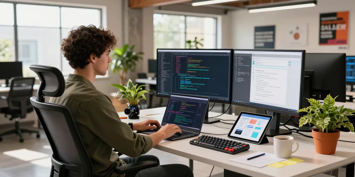 Motchill in a modern tech workspace with a developer coding on multiple screens and a vibrant atmosphere.