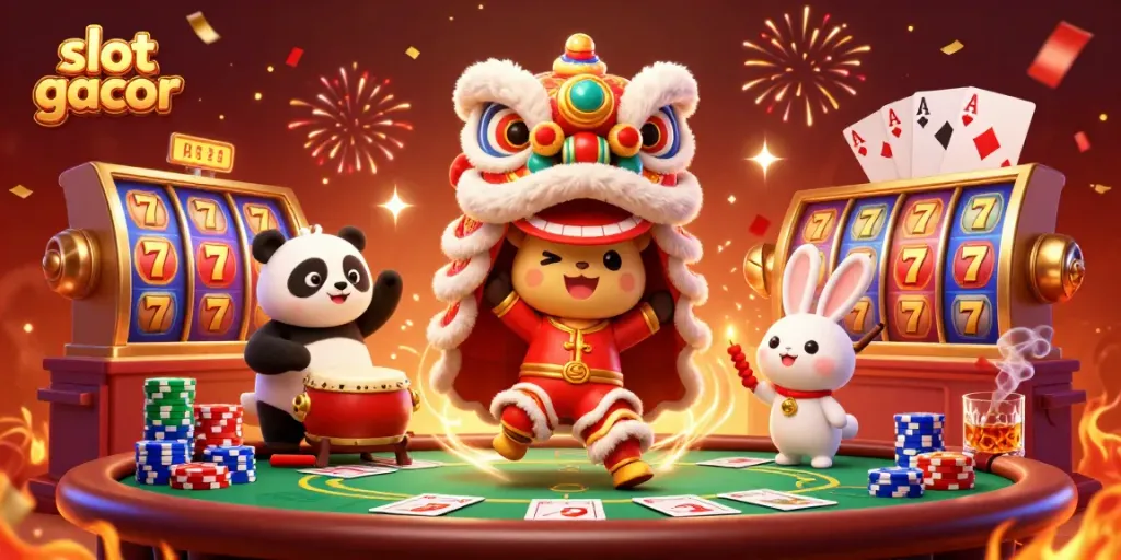 Experience exciting slot gacor action with dynamic elements including poker chips and vibrant characters.