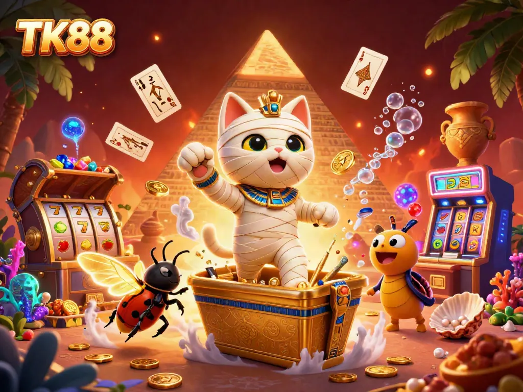 Experience exhilarating wins with TK88 by immersing in a dynamic casino environment featuring vibrant slot games and characters.