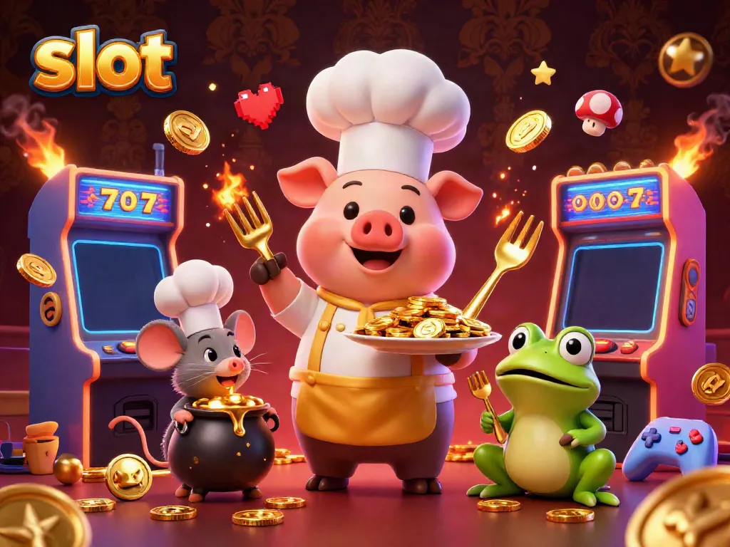 Spin colorful slot reels with a catering chef pig, as a mouse and frog taste golden delicacies