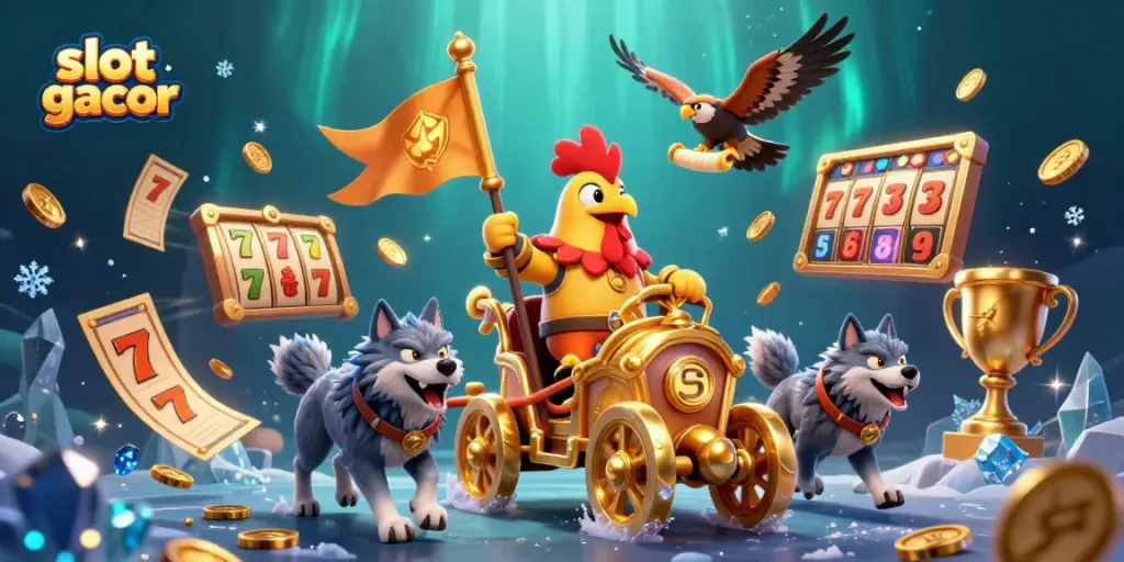 Engage with slot gacor action as the rooster warlord conquers jackpots in a vibrant 3D illustration.