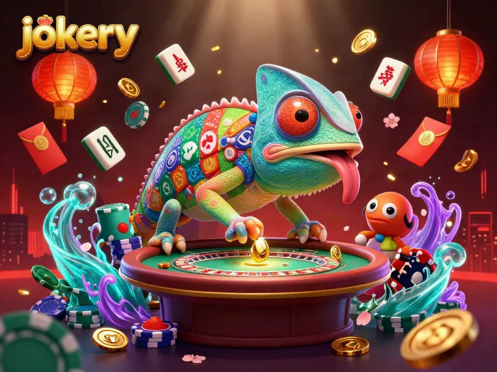 Experience jokery thrills with a dynamic casino scene featuring a colorful chameleon and vibrant game elements.