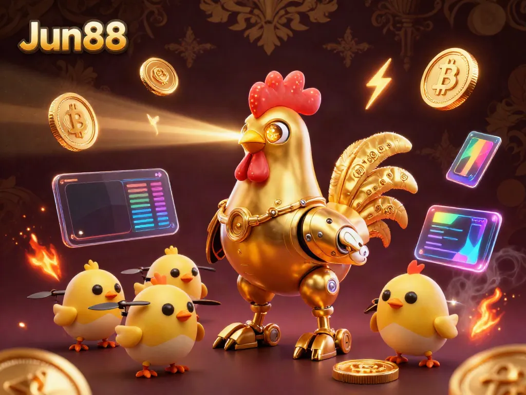 Jun88 offers a vibrant illustration showcasing a golden rooster robot and baby chick drones amidst glowing cryptocurrency elements.
