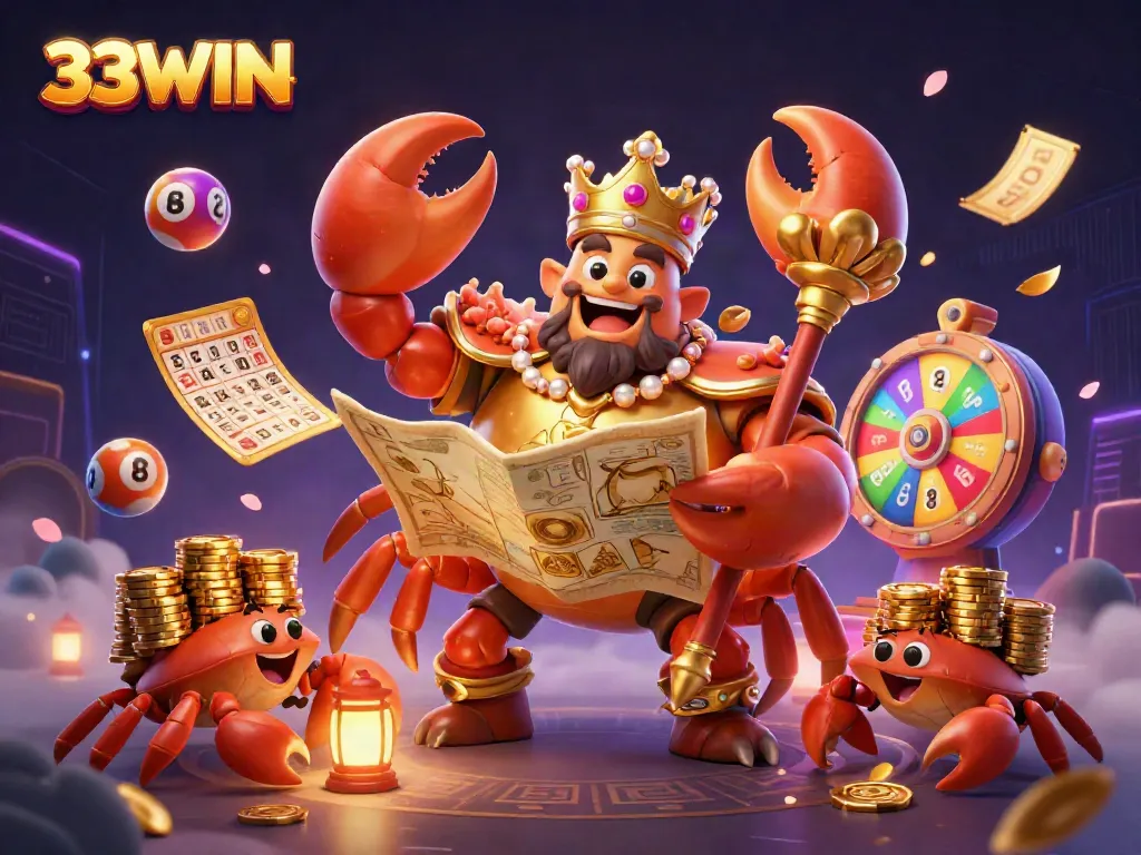 Engage with vibrant gaming excitement at 33WIN, featuring a golden crab emperor amidst colorful lottery elements.