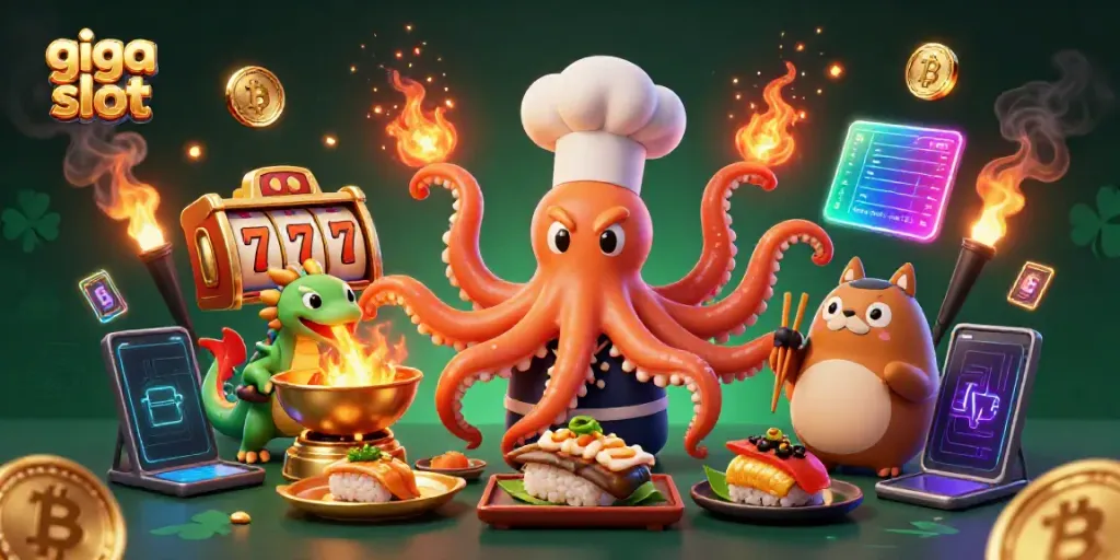 Menangkan permainan giga slot dengan tampilan artistik karakter yang menarik dari chef octopus dan teman-temannya.