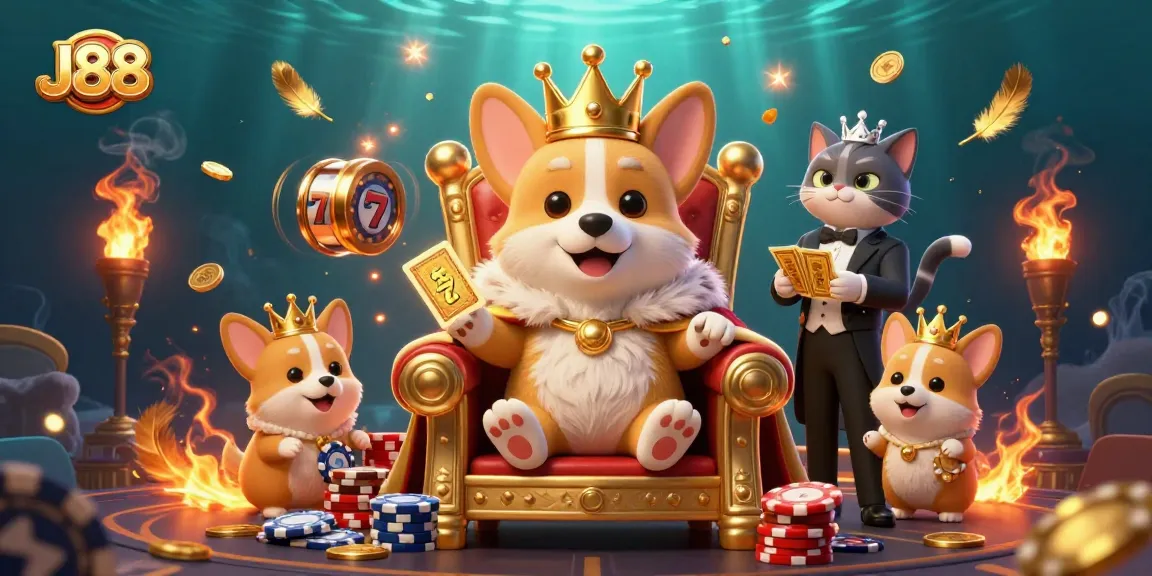 Experience the excitement at J88 with a royal corgi and luxurious casino elements.