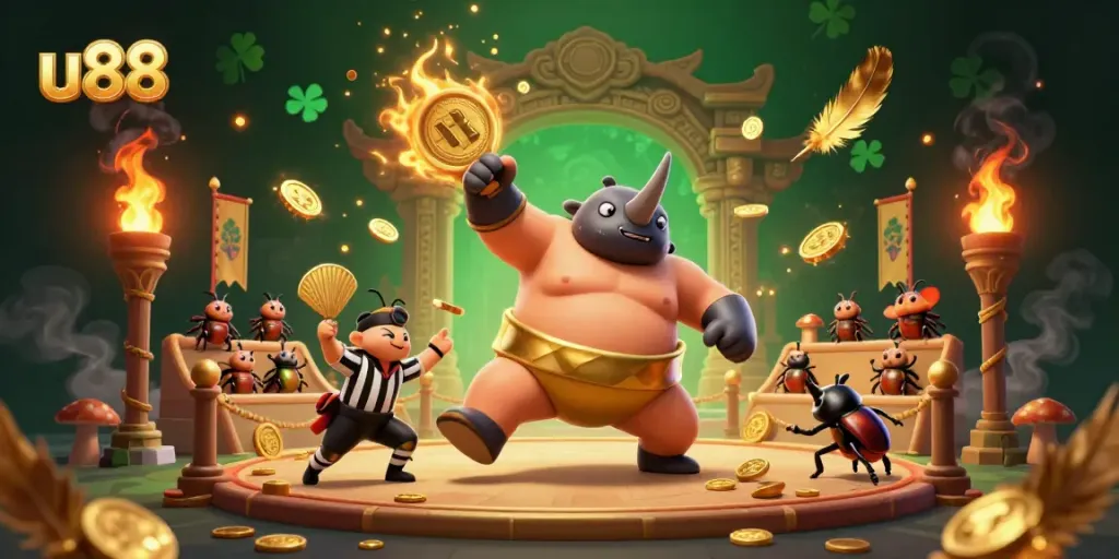 Experience action at u88 with our sumo champion beetle, golden coins flying amidst a vibrant casino arena.