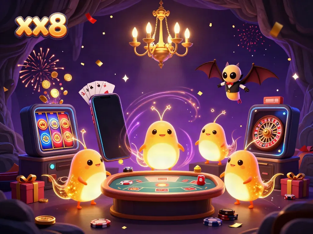 Engage in thrilling gameplay at xx8, featuring a vibrant cave casino scene with glowing characters and dynamic gaming elements.