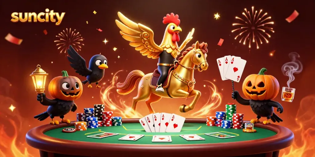 Experience suncity's thrilling casino atmosphere with golden rooster, spectral horse, and vibrant poker scene.